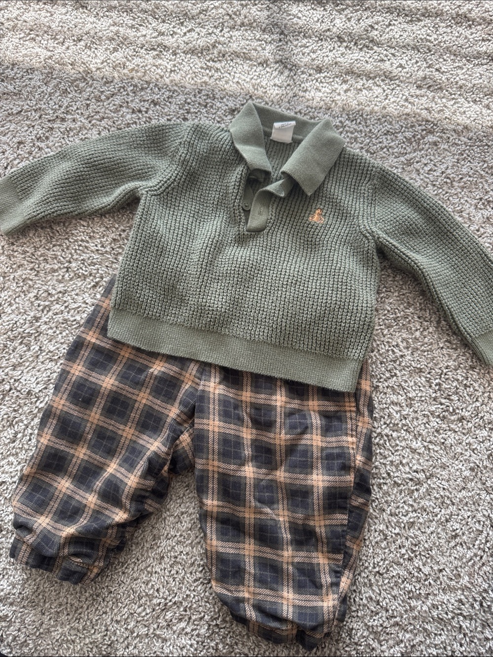 Baby Gap (6-12M) Olive Green Collared Knit Sweater Top & Plaid Pants SET